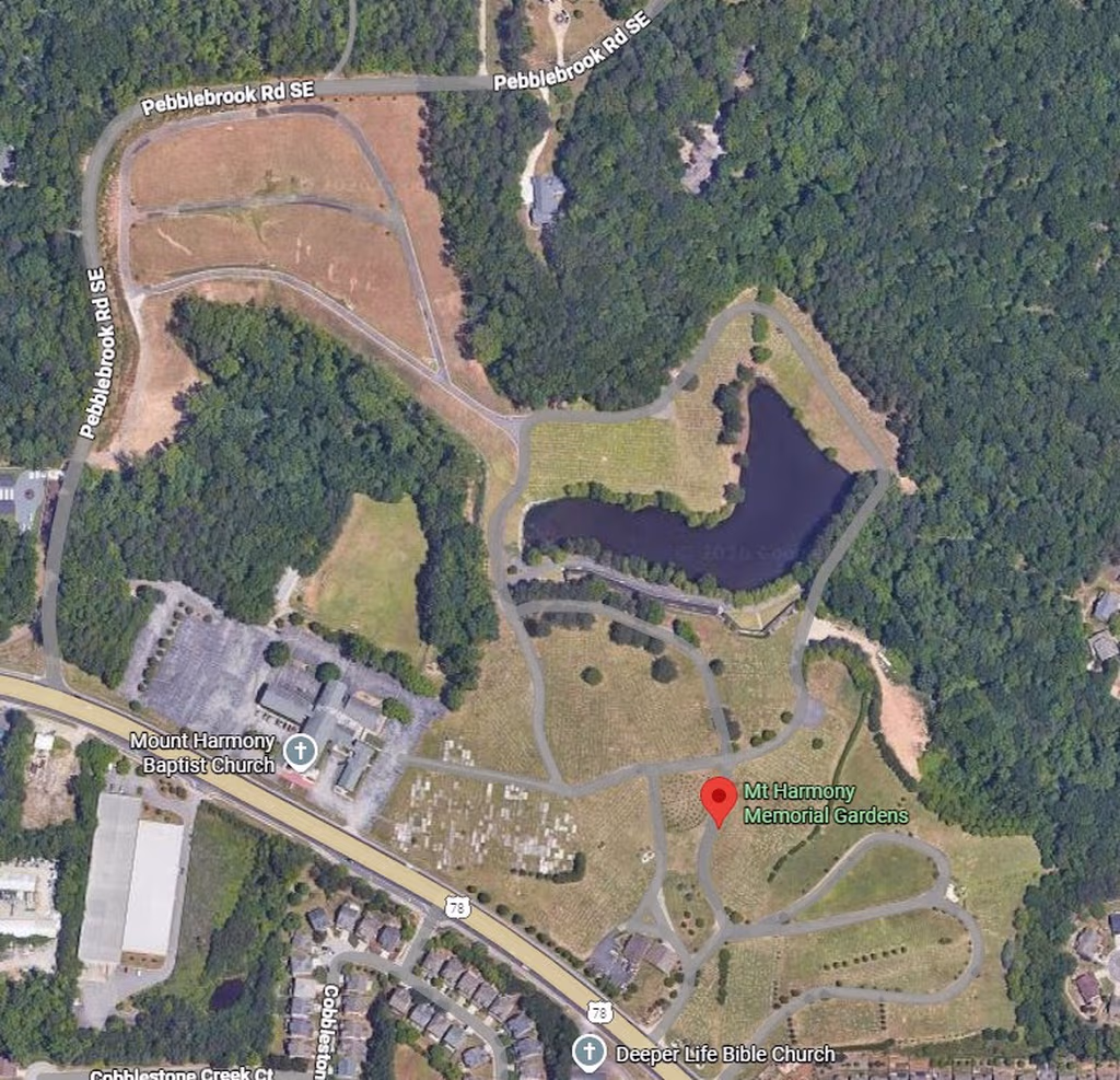 Aerial view of Mount Harmony Memorial Gardens cemetery grounds, Mableton GA