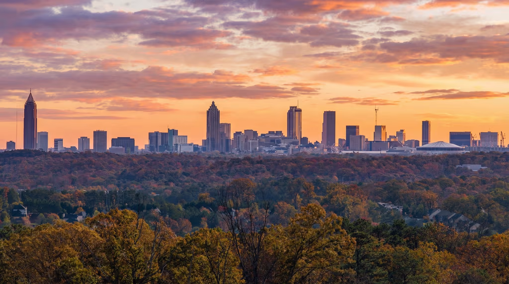 Satellite aerial view of Mount Harmony Memorial Gardens with Atlanta skyline, Mableton GA